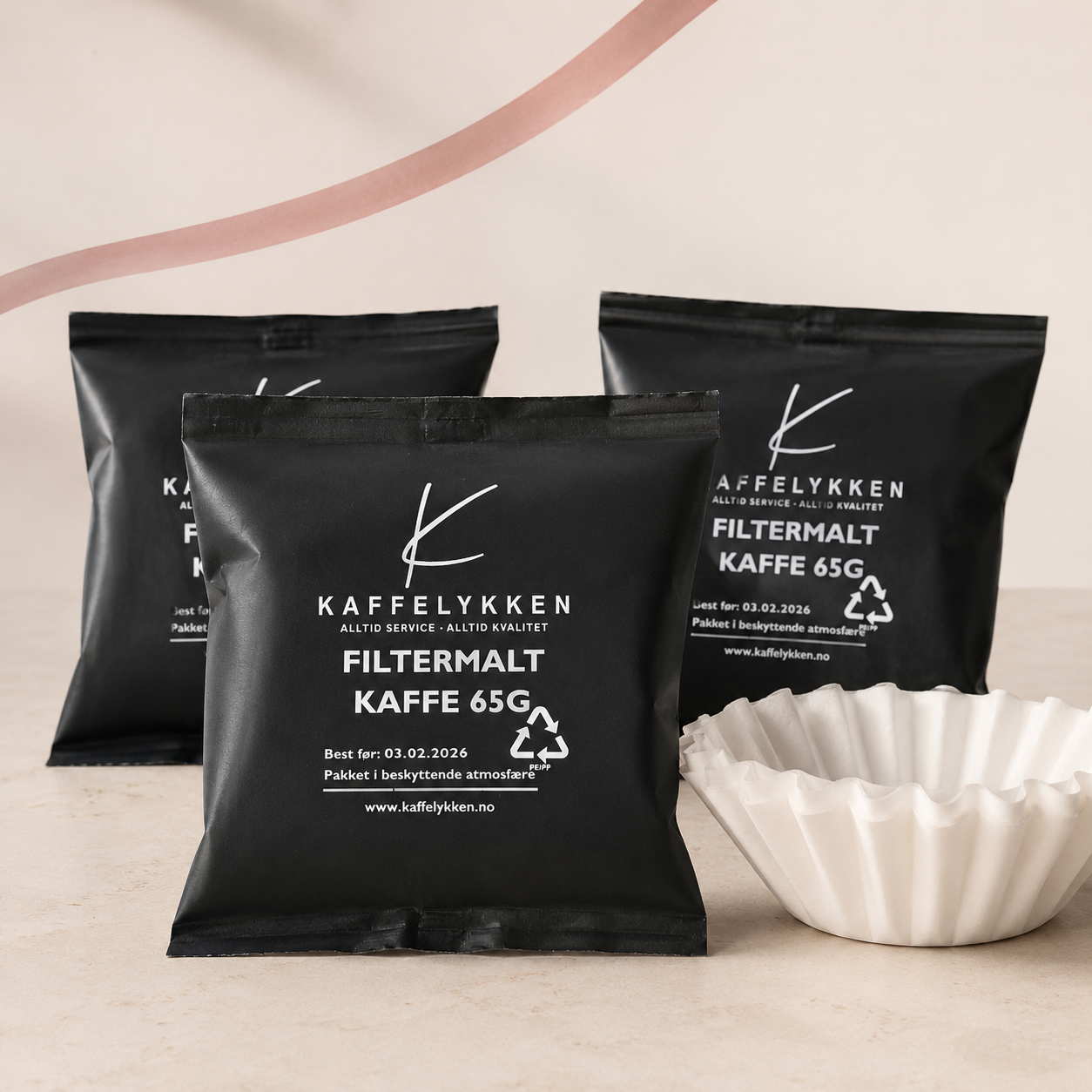 Kaffelykken filterkaffe i 65 g porsjonsposer med kaffefilter